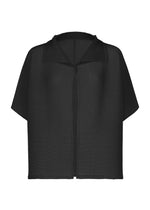 The SQUARE STRETCH PLEATS jacket by me ISSEY MIYAKE is a black, short-sleeved piece featuring a relaxed fit and simple design. It has a single button closure at the wide, pointed collar and showcases structured stretch pleats for an effortless cardigan-inspired style with modern flair. - BLACK （no.15）
