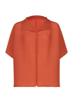 SQUARE STRETCH PLEATS by me ISSEY MIYAKE is an orange, short-sleeve, open-front cardigan featuring a single button at the top, a wide collar, and a ribbed texture. Designed for easy layering and all-day comfort, this relaxed-fit cardigan is displayed against a plain white background. - VERMILION （no.34）