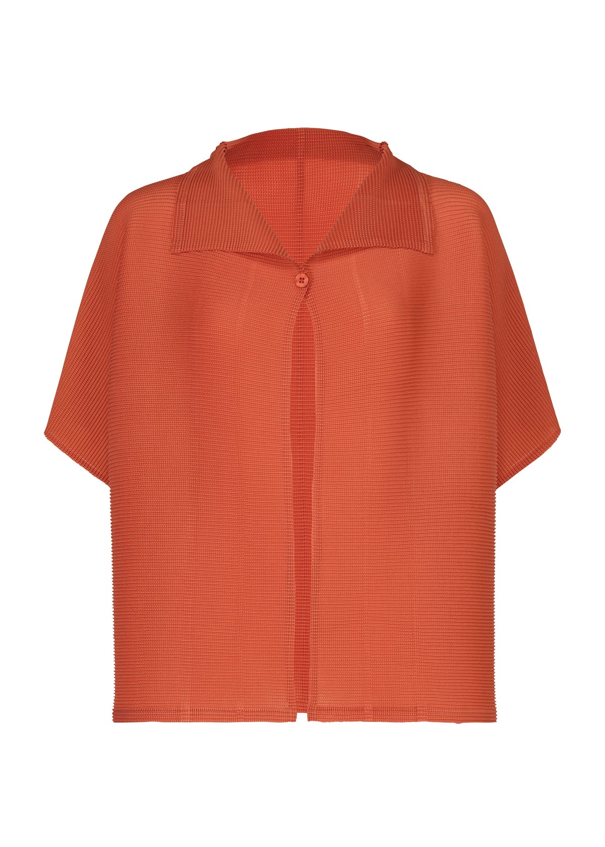 Zoomed view SQUARE STRETCH PLEATS by me ISSEY MIYAKE is an orange, short-sleeve, open-front cardigan featuring a single button at the top, a wide collar, and a ribbed texture. Designed for easy layering and all-day comfort, this relaxed-fit cardigan is displayed against a plain white background. - VERMILION （no.34）