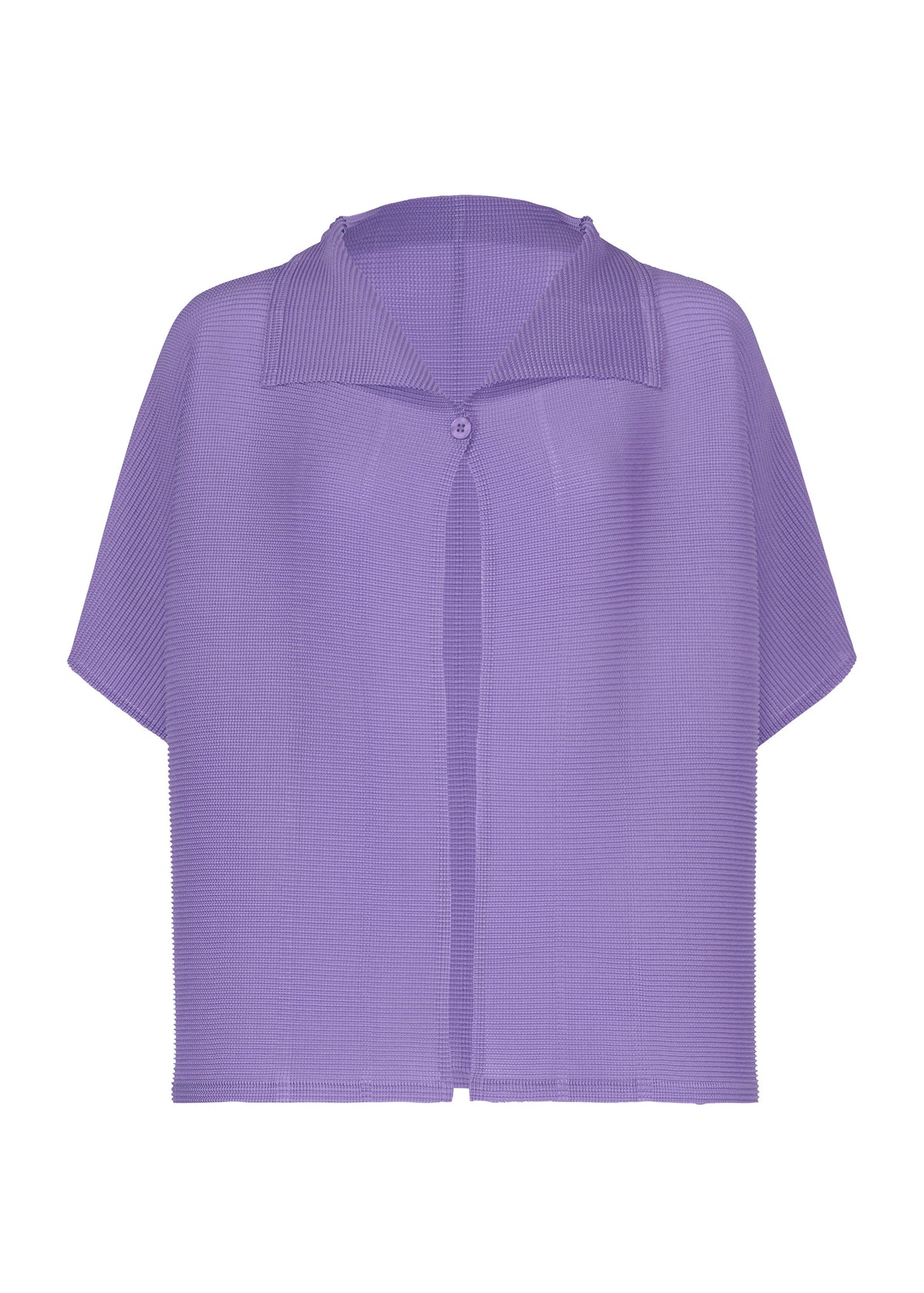 A short-sleeved, open-front cardigan in light purple from me ISSEY MIYAKE’s SQUARE STRETCH PLEATS collection, featuring a relaxed fit, wide collar, stretch pleats knit, and a single button closure at the top. view 5 of 10
