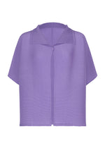 A short-sleeved, open-front cardigan in light purple from me ISSEY MIYAKE’s SQUARE STRETCH PLEATS collection, featuring a relaxed fit, wide collar, stretch pleats knit, and a single button closure at the top. - PURPLE （no.81）