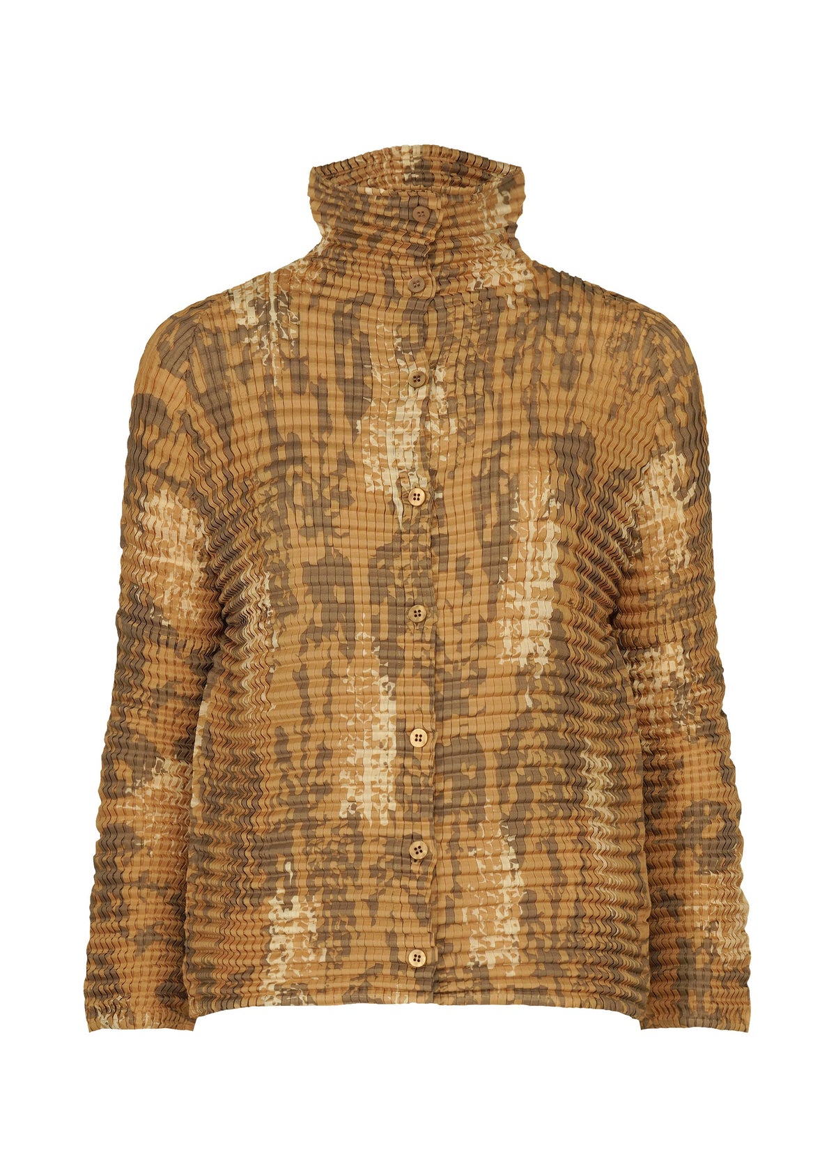 The LEAF PLEATS SHIRT by me ISSEY MIYAKE features brown and beige abstract leaf patterns, a crinkled texture, high ruched collar, and loose-fit long sleeves for a stylish, cardigan-inspired look. view 1 of 7