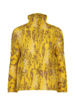 The LEAF PLEATS SHIRT by me ISSEY MIYAKE features textured, crinkled fabric with yellow and brown abstract patterns, a stand-up collar, and long sleeves for a unique, wavy look. - YELLOW-HUED （no.59）