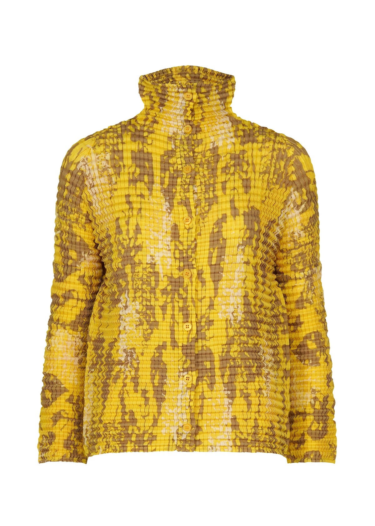 Zoomed view The LEAF PLEATS SHIRT by me ISSEY MIYAKE features textured, crinkled fabric with yellow and brown abstract patterns, a stand-up collar, and long sleeves for a unique, wavy look. - YELLOW-HUED （no.59）