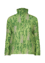 The LEAF PLEATS SHIRT by me ISSEY MIYAKE is a textured, long-sleeve button-up with a high collar in green, featuring a subtle abstract leaf motif and crinkled fabric reminiscent of pleats. - GREEN-HUED （no.69）