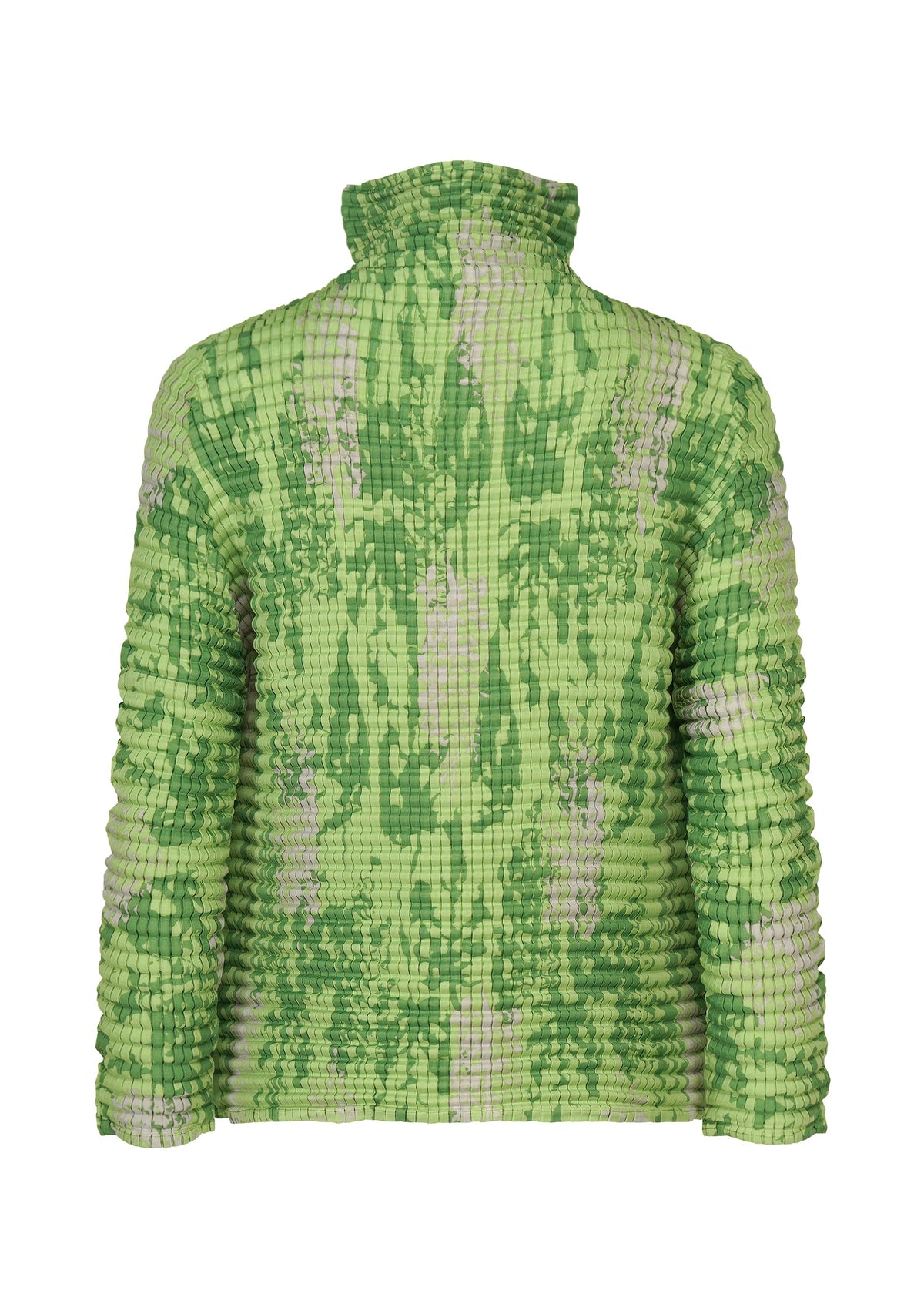 The LEAF PLEATS SHIRT by me ISSEY MIYAKE is a green and light gray pleated cardigan with a high collar and ruched fabric, shown from the back against a white background. view 4 of 7