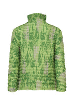 The LEAF PLEATS SHIRT by me ISSEY MIYAKE is a green and light gray pleated cardigan with a high collar and ruched fabric, shown from the back against a white background.