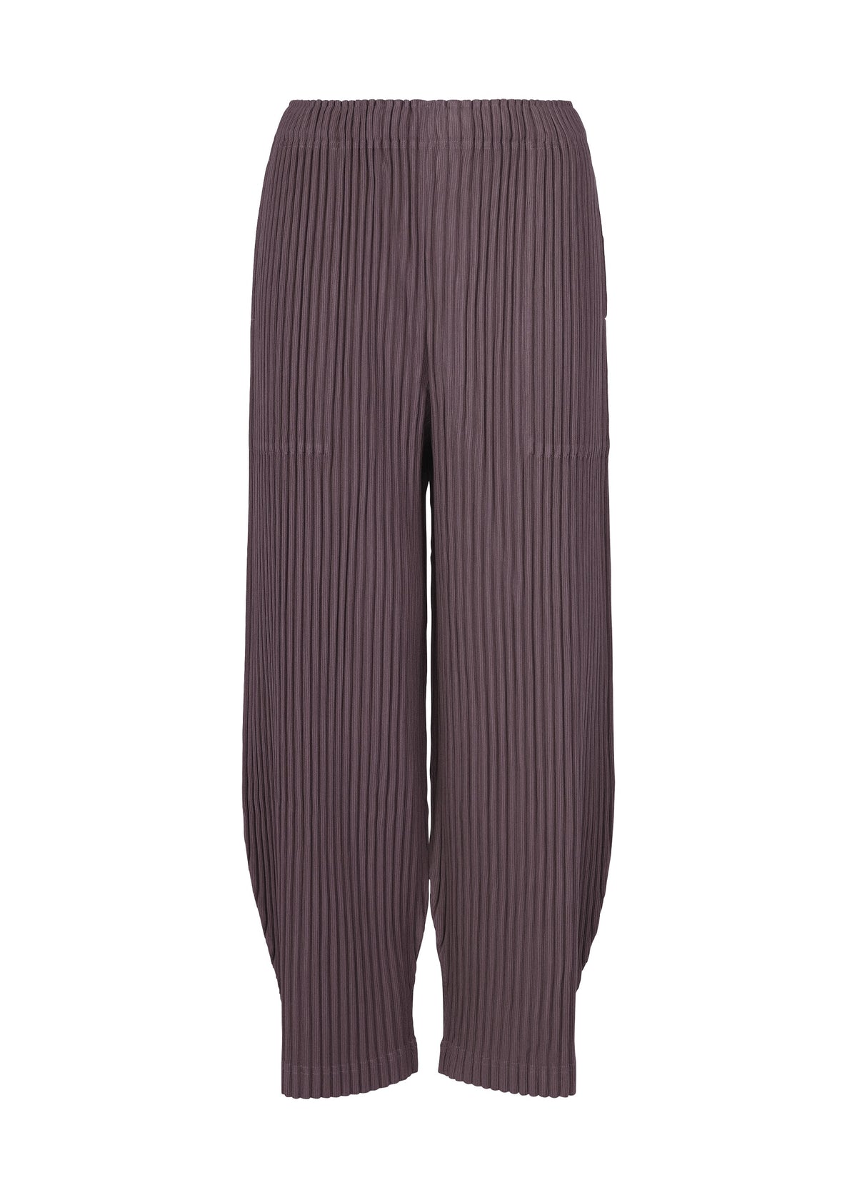 CORDUROY PLEATS by me ISSEY MIYAKE: Brown pleated wide-leg pants with elastic waistband, vertical ribbed corduroy, subtle brushed texture, and tapered hems. Shown on a plain white background. view 1 of 7