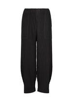 CORDUROY PLEATS by me ISSEY MIYAKE are black wide pants with an elastic waist, loose pleated fit, vertical ridges, soft brushed texture, and gently tapered scalloped hems. - BLACK （no.15）
