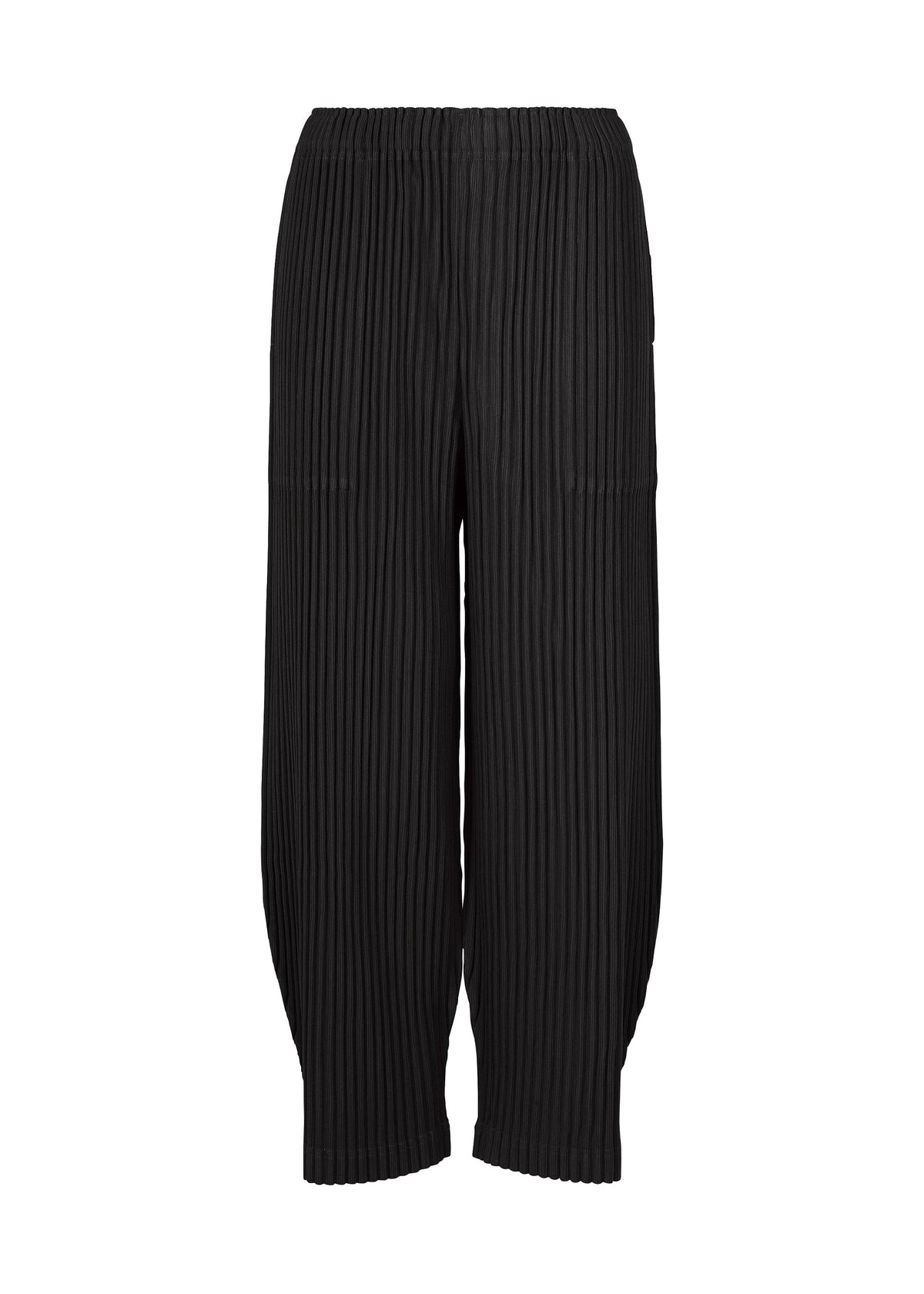 Zoomed view CORDUROY PLEATS by me ISSEY MIYAKE are black wide pants with an elastic waist, loose pleated fit, vertical ridges, soft brushed texture, and gently tapered scalloped hems. - BLACK （no.15）