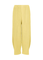 The CORDUROY PLEATS by me ISSEY MIYAKE are wide-leg, high-waisted yellow pleated pants featuring a brushed texture, elastic waistband, and ankle-length hem against a white background. - CREAM YELLOW （no.50）