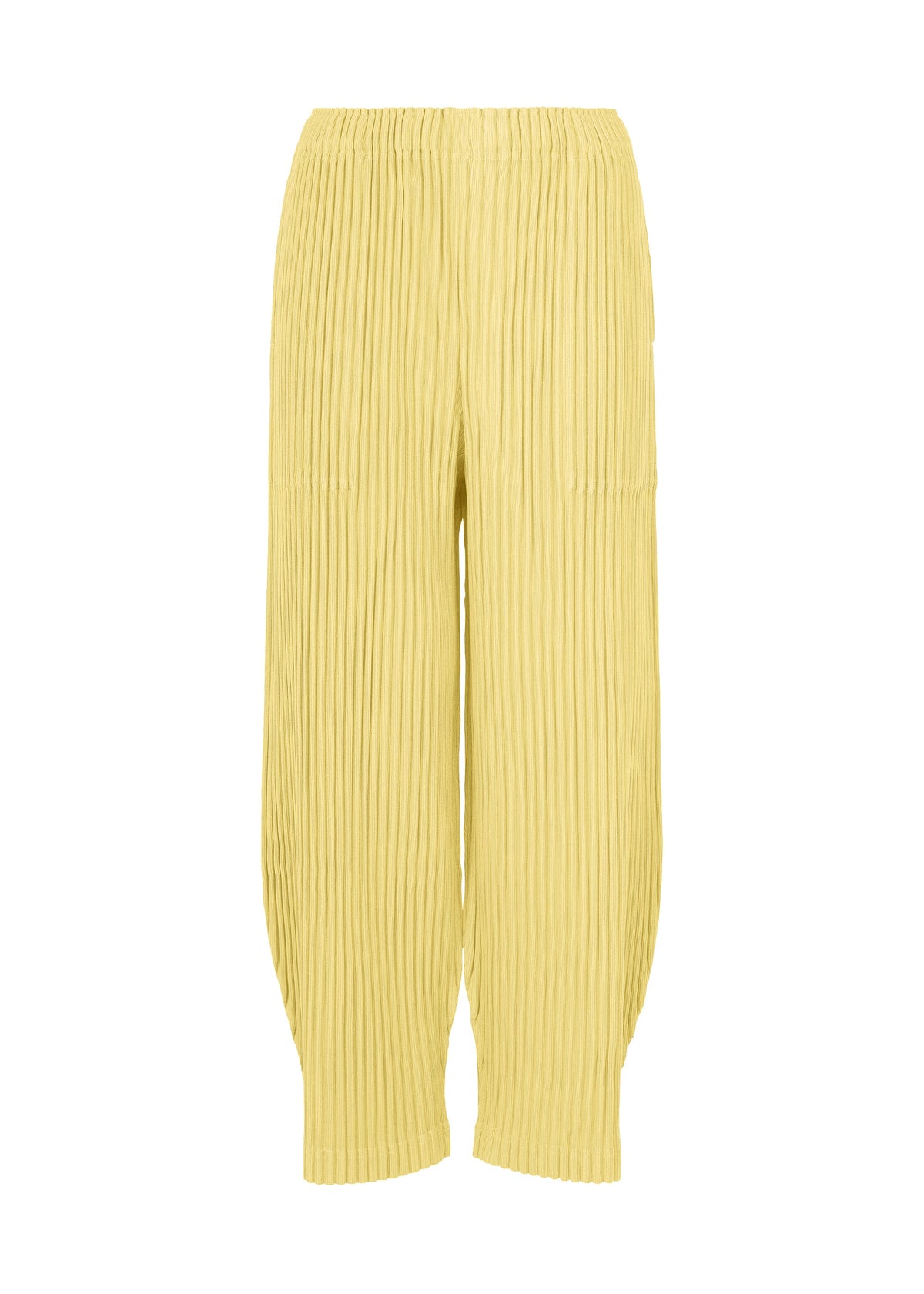 Zoomed view The CORDUROY PLEATS by me ISSEY MIYAKE are wide-leg, high-waisted yellow pleated pants featuring a brushed texture, elastic waistband, and ankle-length hem against a white background. - CREAM YELLOW （no.50）