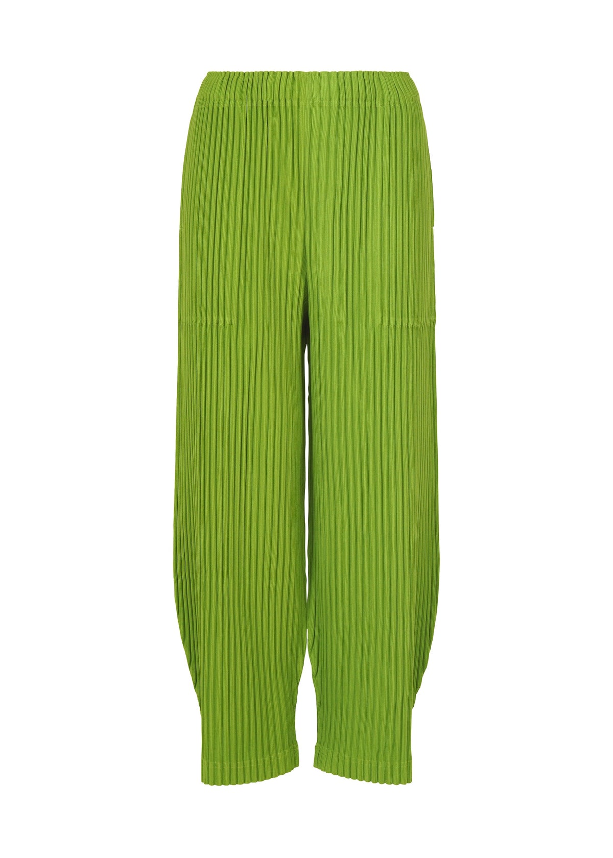 Zoomed view The CORDUROY PLEATS by me ISSEY MIYAKE are bright green wide pants with a loose fit, elastic waistband, and unique vertical pleats on brushed fabric. - LEAF GREEN （no.60）