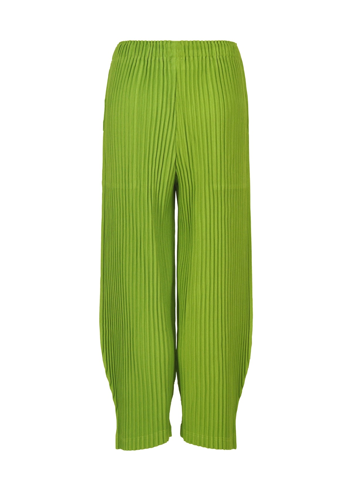 Zoomed view CORDUROY PLEATS by me ISSEY MIYAKE: Bright green pleated wide pants with a brushed texture, elastic waistband, and ankle-length cut, shown on a white background.
