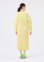 A person stands facing away in me ISSEY MIYAKE’s CORDUROY PLEATS, a ribbed light yellow sweater and soft brushed skirt, with dark hair tied back, green socks, and beige shoes against a plain white background.