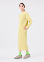 A person stands against a white background wearing the me ISSEY MIYAKE CORDUROY PLEATS skirt with pockets and matching top, bright green socks, beige slip-on shoes, and has straight dark hair pulled back.
