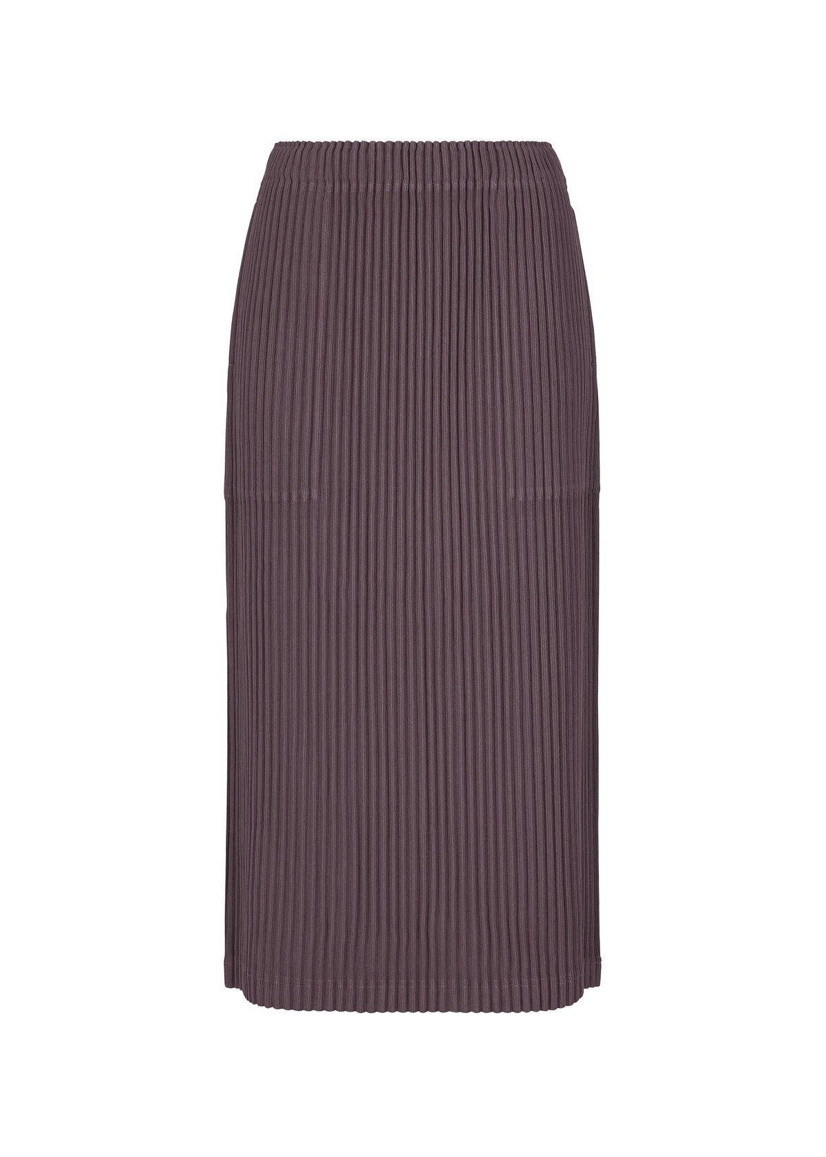 Zoomed view The CORDUROY PLEATS by me ISSEY MIYAKE is a knee-length, dark brown skirt featuring soft brushed fabric, vertical ribbed texture, stretchy waistband, and a straight fit. - TAUPE （no.13）