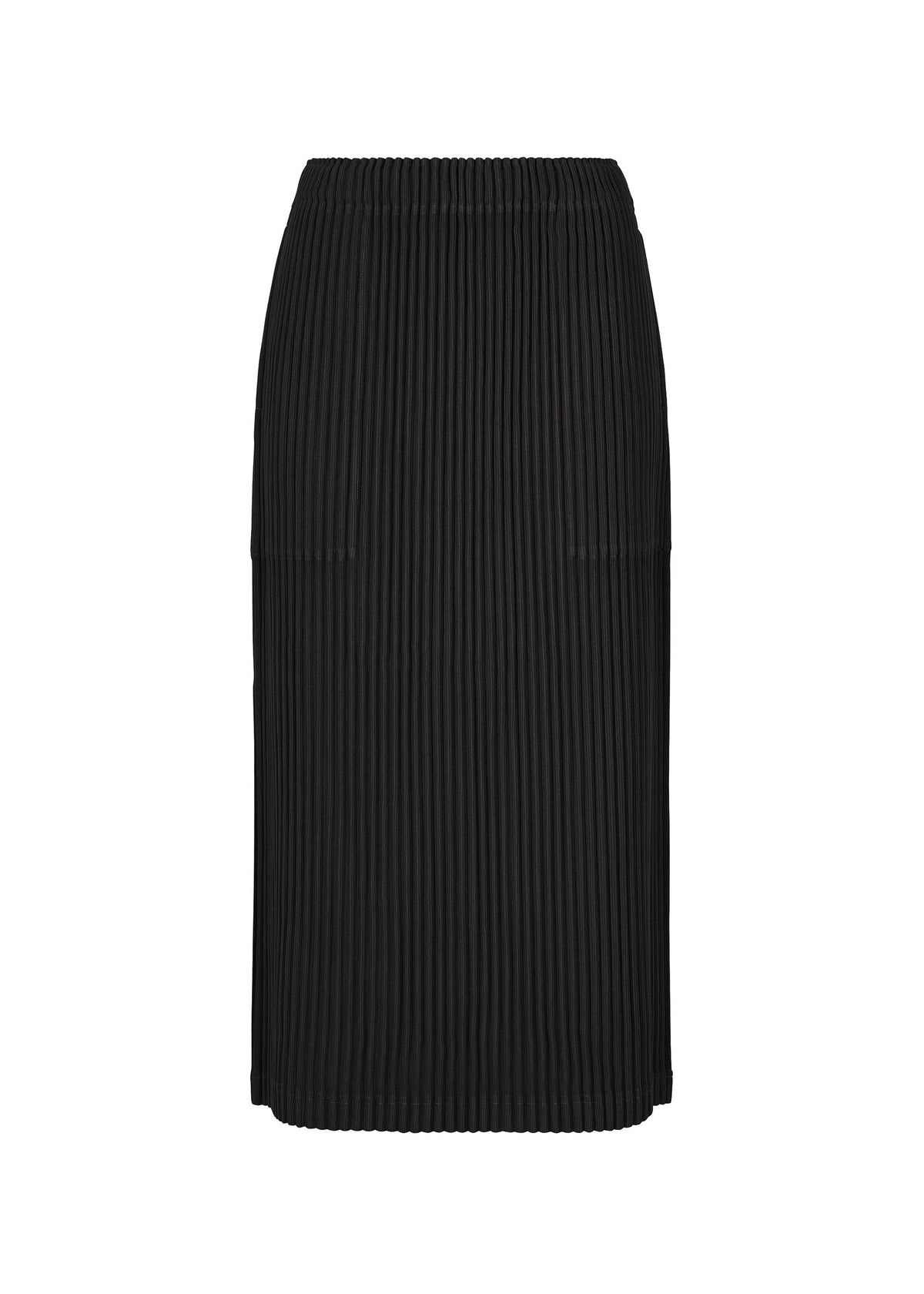Zoomed view The CORDUROY PLEATS skirt by me ISSEY MIYAKE is a black, knee-length piece with a vertical ribbed texture, elastic waistband, and straight silhouette, shown against a white background. - BLACK （no.15）