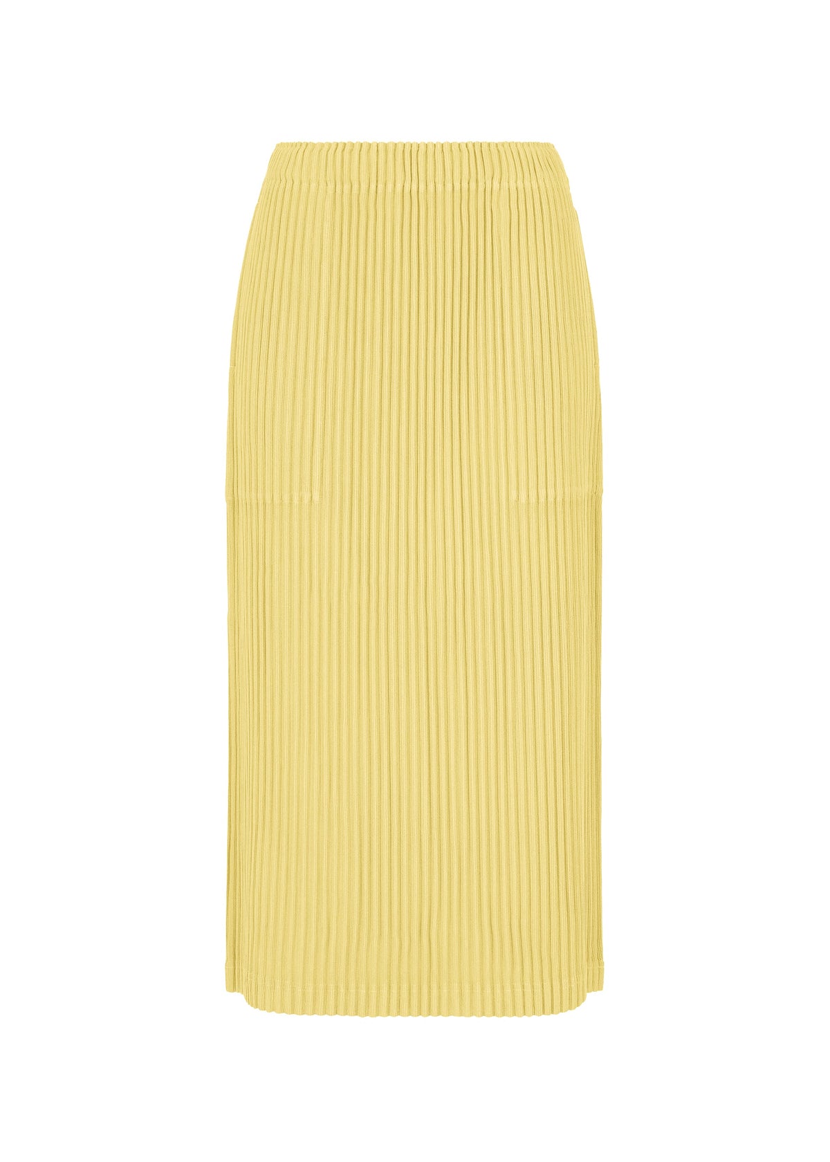 Zoomed view The CORDUROY PLEATS by me ISSEY MIYAKE is a yellow, knee-length, hand-knitted pencil skirt with an elastic waistband and vertical pleated texture, shown on a plain white background. - CREAM YELLOW （no.50）