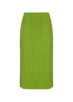 The CORDUROY PLEATS by me ISSEY MIYAKE is a green knee-length skirt with a soft brushed feel, ribbed pleated texture, and elastic waistband, shown against a white background. - LEAF GREEN （no.60）