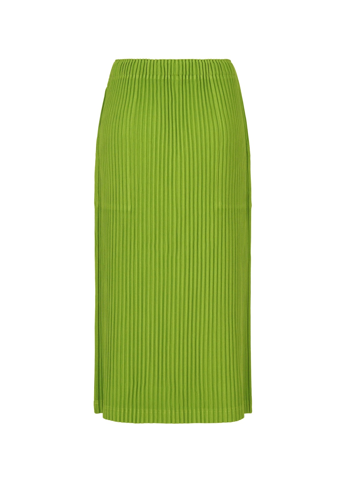 The CORDUROY PLEATS by me ISSEY MIYAKE is a green, knee-length pleated skirt with a straight silhouette, elastic waistband, and handy pockets, shown on a plain white background. view 5 of 8