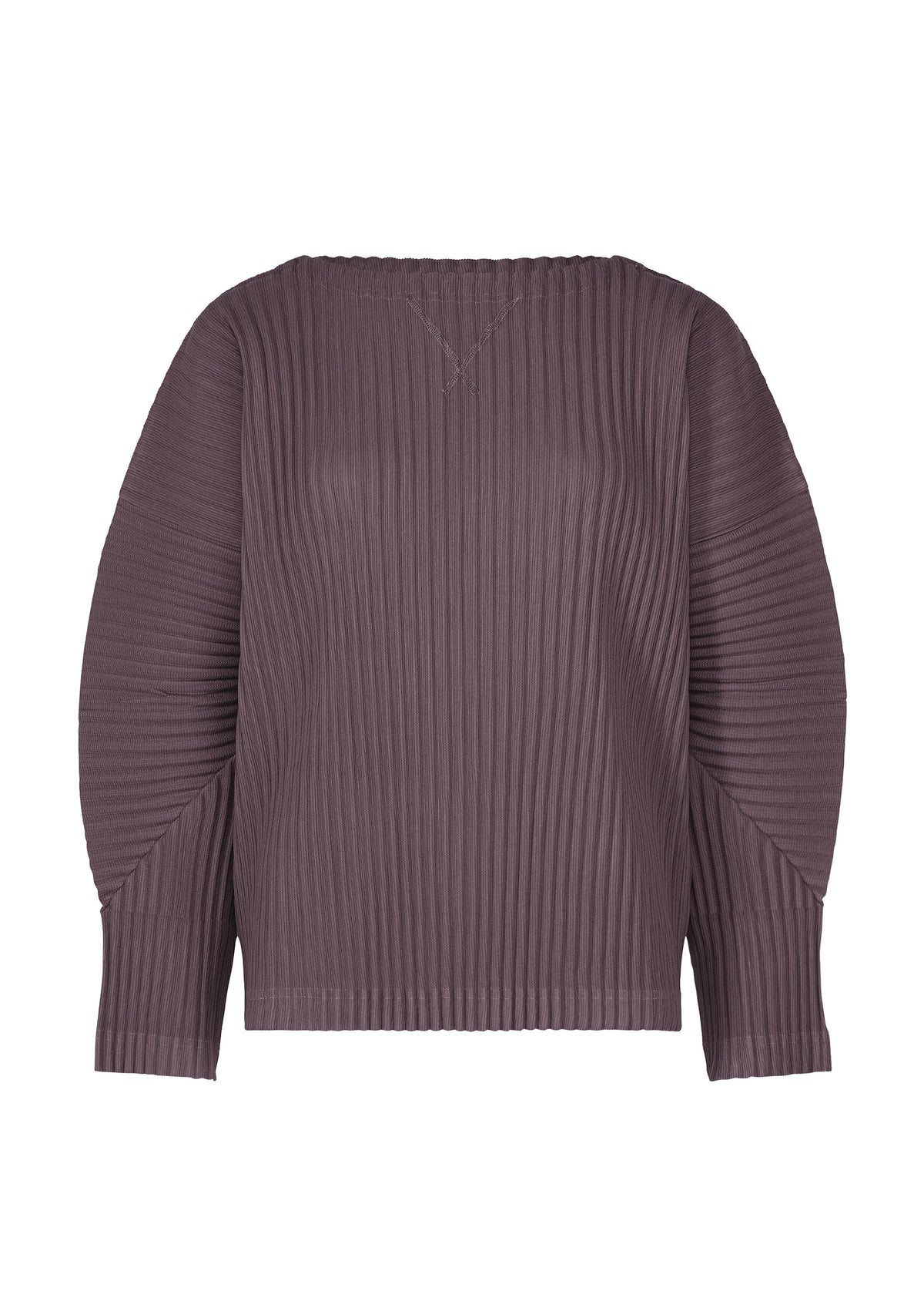 The CORDUROY PLEATS by me ISSEY MIYAKE is a long-sleeved, ribbed purple top with a wide neckline, cropped hem, and cozy brushed texture featuring textured vertical pleats. view 1 of 8