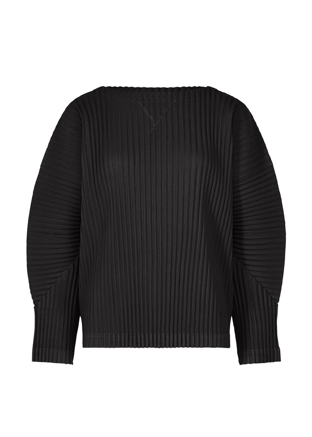 Zoomed view The CORDUROY PLEATS by me ISSEY MIYAKE is a black, long-sleeved top with wide structured sleeves, a straight neckline, and a pleated brushed texture, shown on a white background. - BLACK （no.15）