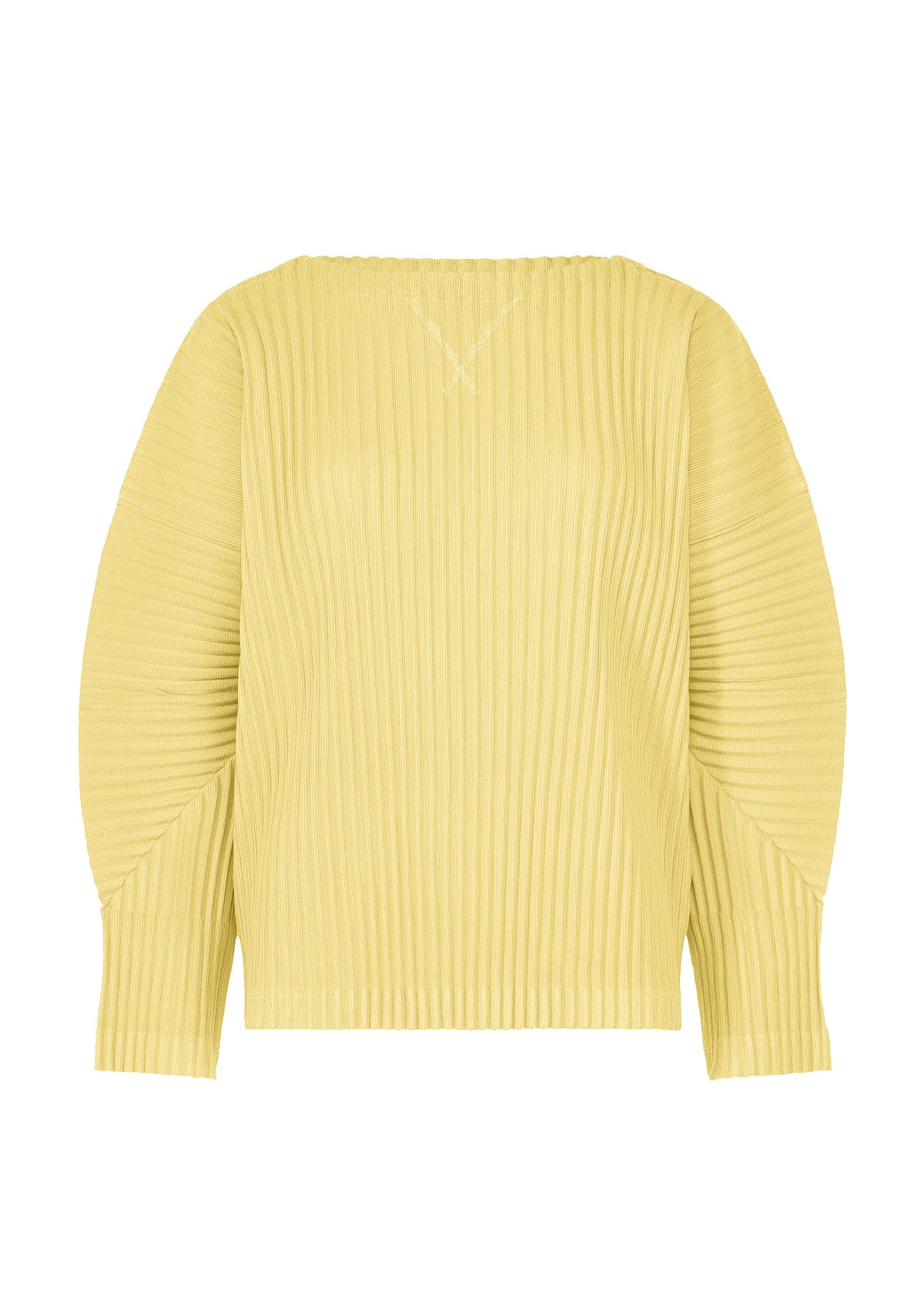 The CORDUROY PLEATS by me ISSEY MIYAKE is a yellow, long-sleeved top with a loose fit, wide sleeves, a round neck, and soft vertical ribbed texture for comfort. view 3 of 8