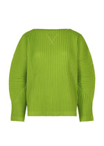 The CORDUROY PLEATS by me ISSEY MIYAKE is a bright green, long-sleeve sweater with a round neckline, ribbed texture, and distinctive vertical pleats for added dimension. - LEAF GREEN （no.60）