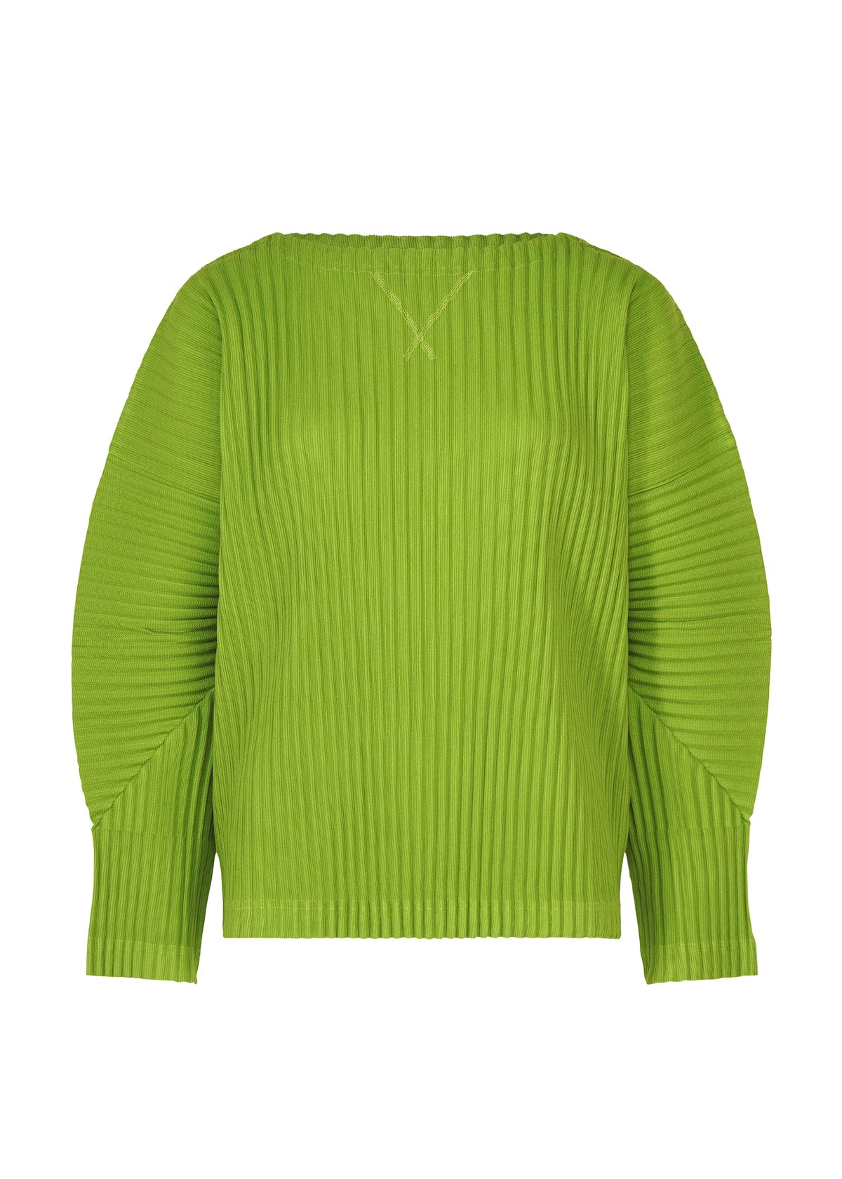 Zoomed view The CORDUROY PLEATS by me ISSEY MIYAKE is a bright green, long-sleeve sweater with a round neckline, ribbed texture, and distinctive vertical pleats for added dimension. - LEAF GREEN （no.60）