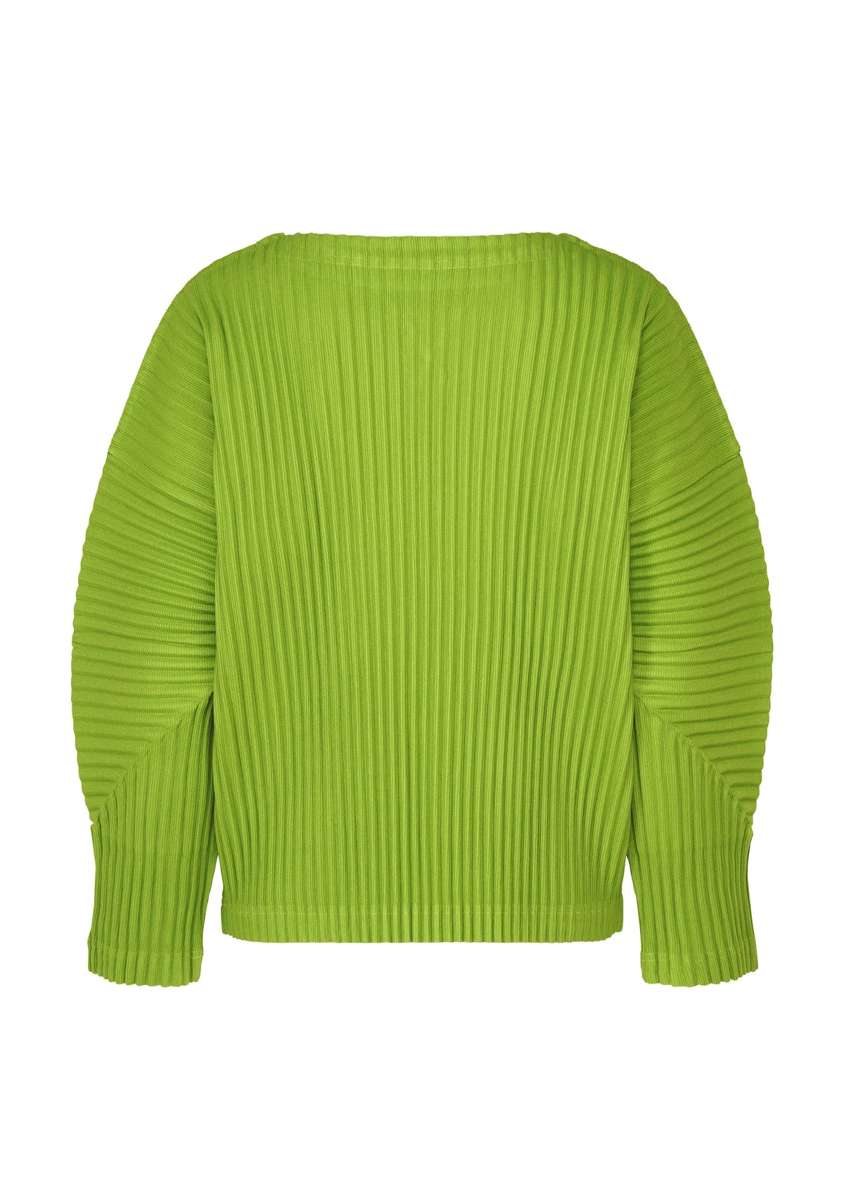 The CORDUROY PLEATS by me ISSEY MIYAKE is a bright green, long-sleeved top with vertical pleats, a soft brushed texture, and a loose, boxy fit shown from the back. view 5 of 8