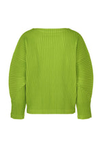 The CORDUROY PLEATS by me ISSEY MIYAKE is a bright green, long-sleeved top with vertical pleats, a soft brushed texture, and a loose, boxy fit shown from the back.