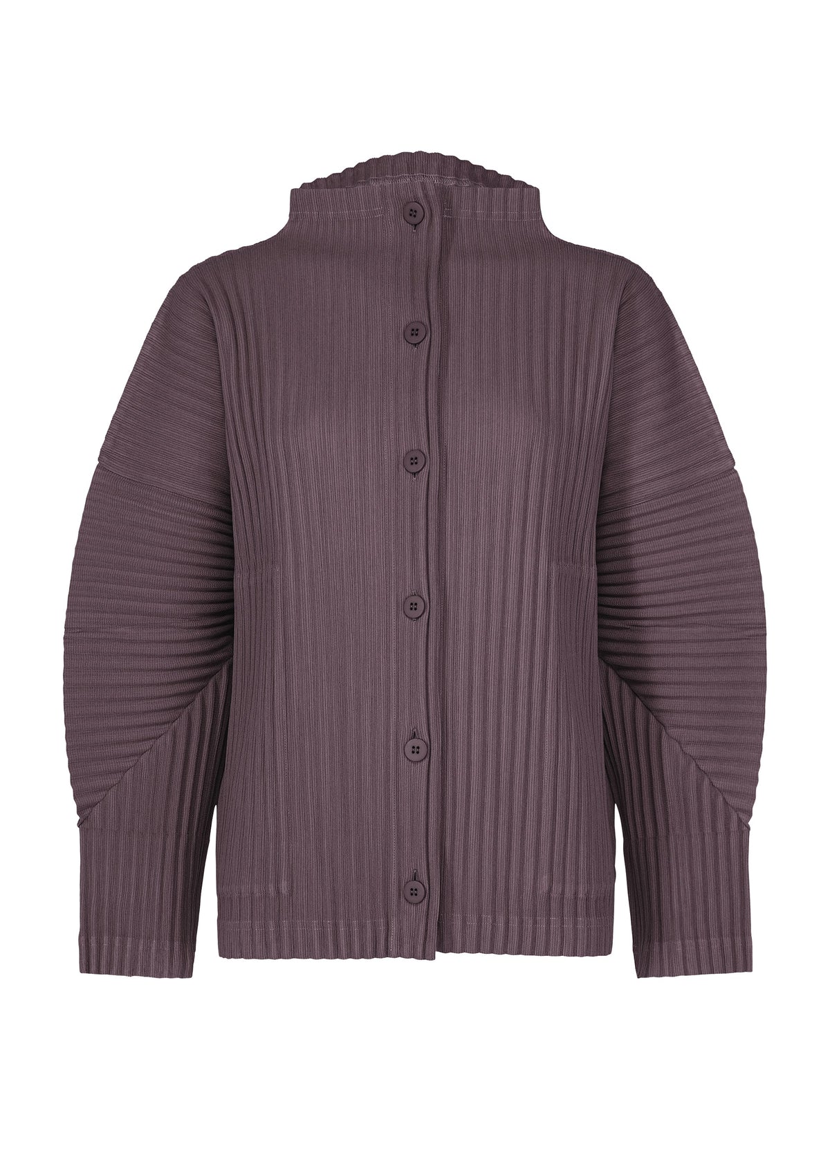 Zoomed view The CORDUROY PLEATS by me ISSEY MIYAKE is a long-sleeved, purple-brown ribbed button-up cardigan with a high collar and soft brushed texture, shown on a plain white background. - TAUPE （no.13）