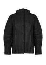 The CORDUROY PLEATS by me ISSEY MIYAKE is a black, long-sleeved cardigan with ribbed pleats, a round neckline, wide sleeves, structured shoulders, and a soft brushed texture. - BLACK （no.15）