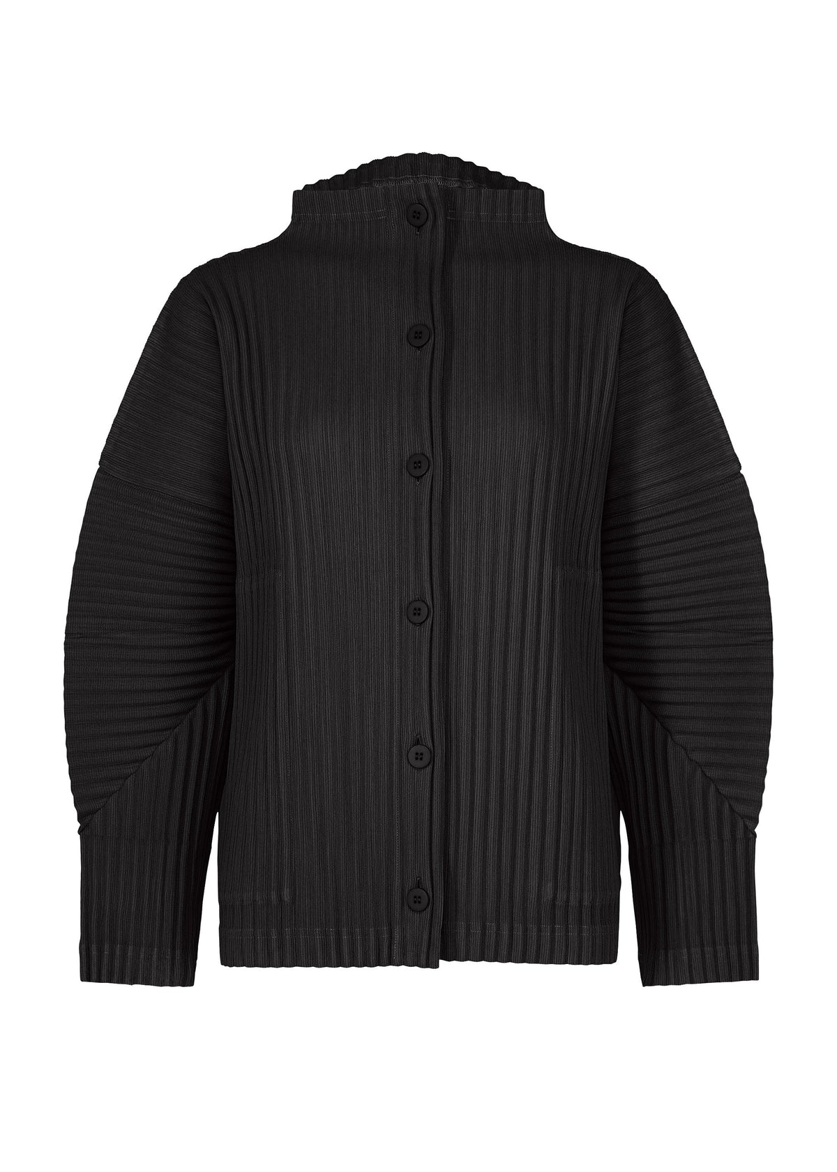 Zoomed view The CORDUROY PLEATS by me ISSEY MIYAKE is a black, long-sleeved cardigan with ribbed pleats, a round neckline, wide sleeves, structured shoulders, and a soft brushed texture. - BLACK （no.15）
