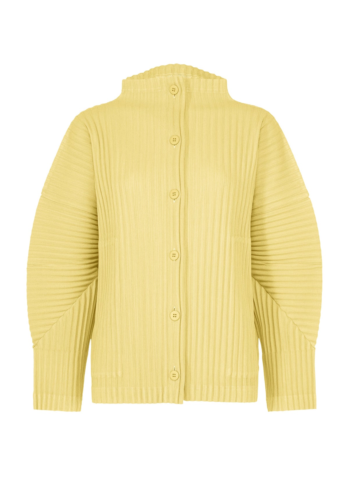 The CORDUROY PLEATS by me ISSEY MIYAKE is a light yellow, long-sleeved cardigan with front buttons, a high rib-knit collar, vertical rib patterns, and a soft brushed texture for comfort. view 3 of 8