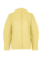 The CORDUROY PLEATS by me ISSEY MIYAKE is a light yellow, long-sleeved cardigan with front buttons, a high rib-knit collar, vertical rib patterns, and a soft brushed texture for comfort. - CREAM YELLOW （no.50）