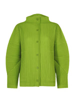 The CORDUROY PLEATS by me ISSEY MIYAKE is a bright green, long-sleeved cardigan featuring a brushed texture, button-up front, ribbed accents, and a slightly raised collar. - LEAF GREEN （no.60）