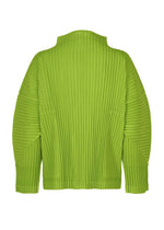 The CORDUROY PLEATS by me ISSEY MIYAKE is a bright green pleated long-sleeve cardigan with a high collar and subtle brushed texture, shown from the back on a plain white background.