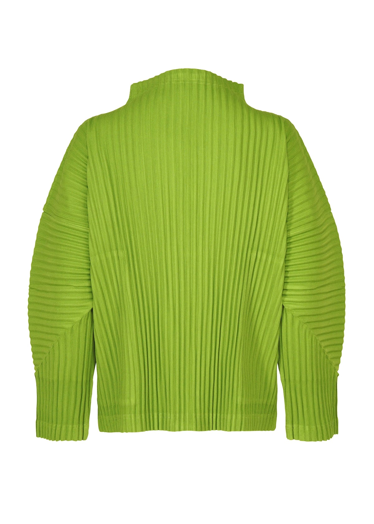 Zoomed view The CORDUROY PLEATS by me ISSEY MIYAKE is a bright green pleated long-sleeve cardigan with a high collar and subtle brushed texture, shown from the back on a plain white background.