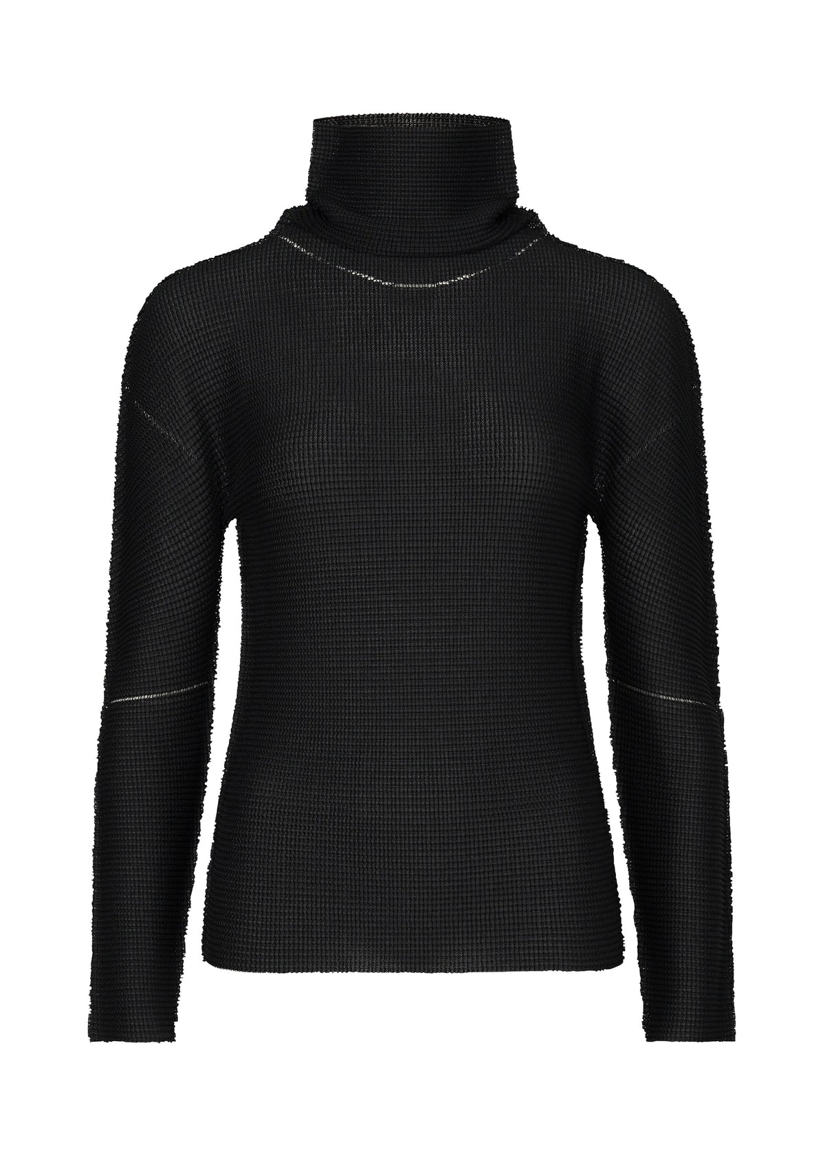 Me ISSEY MIYAKE KNIT STRETCH PLEATS: A black, long-sleeve turtleneck sweater featuring a fitted silhouette and a textured waffle-knit pattern. The front-facing sweater is displayed against a white background. view 1 of 5