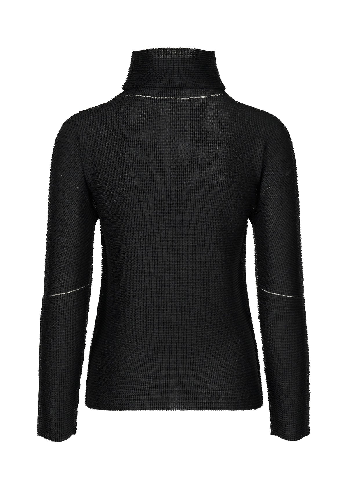 The KNIT STRETCH PLEATS by me ISSEY MIYAKE is a black, long-sleeve, high-neck ribbed sweater displayed from the back against a white background. The fabric features a textured and slightly sheer appearance. view 2 of 5