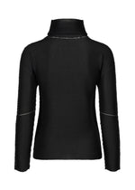 The KNIT STRETCH PLEATS by me ISSEY MIYAKE is a black, long-sleeve, high-neck ribbed sweater displayed from the back against a white background. The fabric features a textured and slightly sheer appearance.