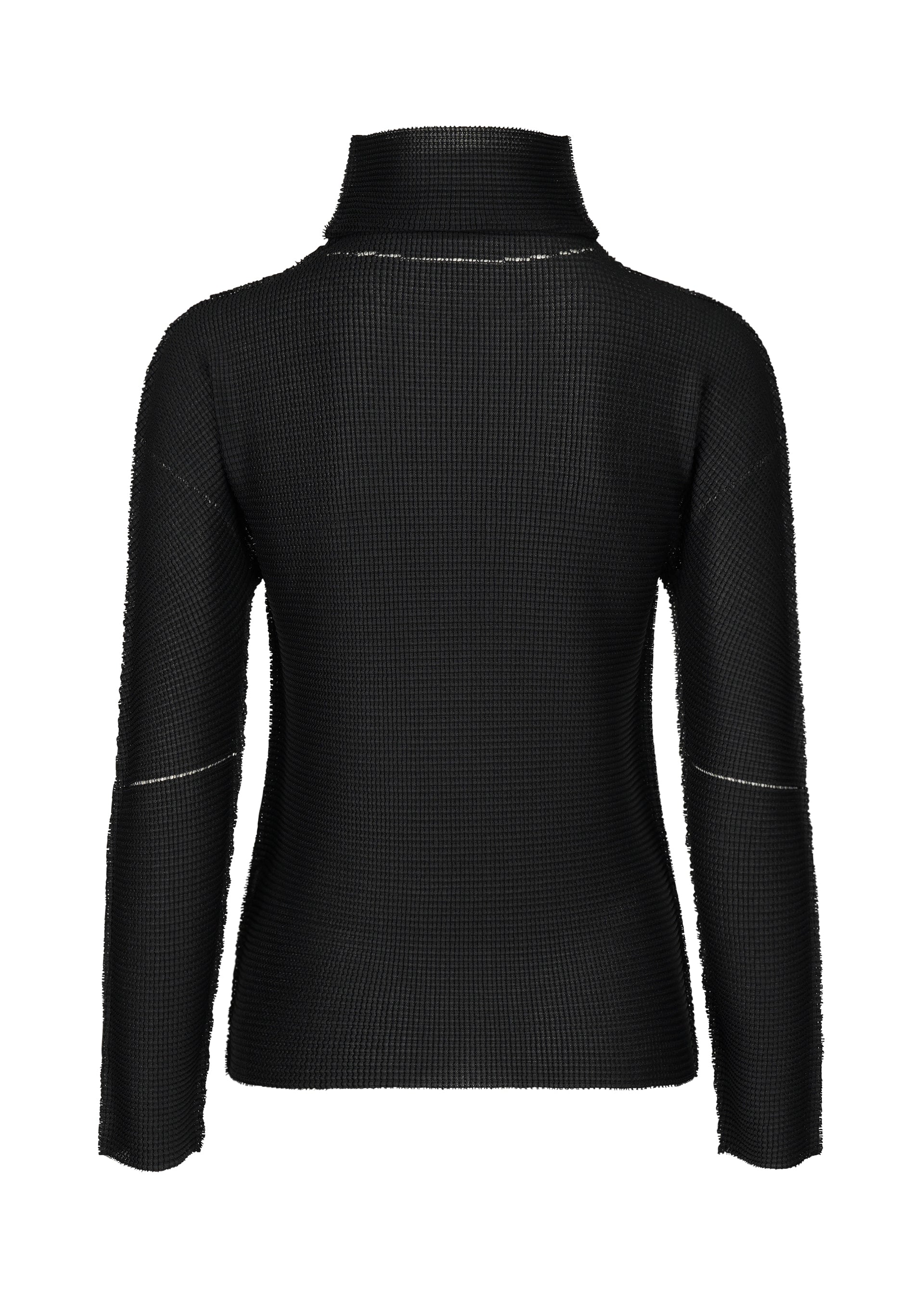 Zoomed view The KNIT STRETCH PLEATS by me ISSEY MIYAKE is a black, long-sleeve, high-neck ribbed sweater displayed from the back against a white background. The fabric features a textured and slightly sheer appearance.