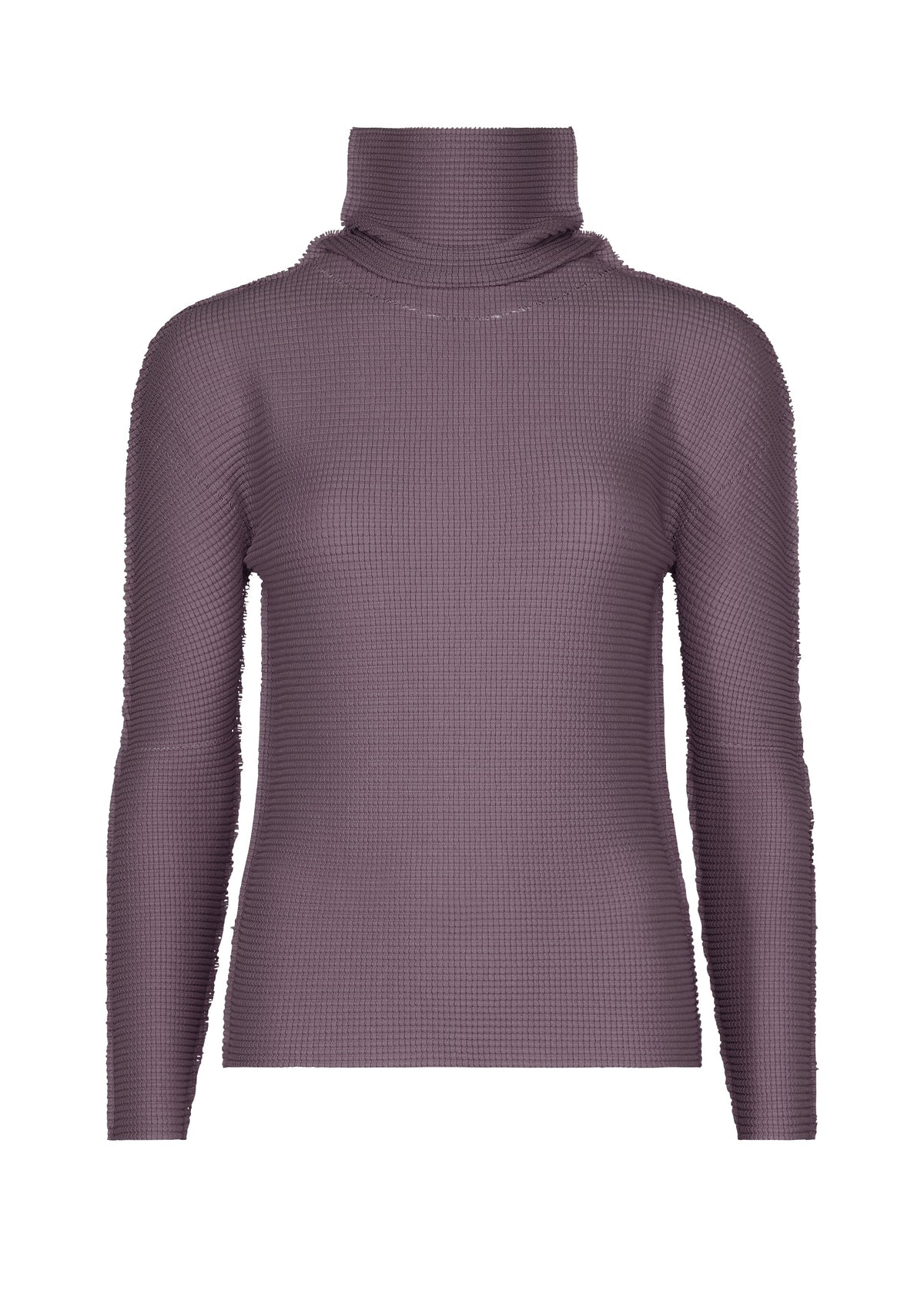 Zoomed view The KNIT STRETCH PLEATS 1 by me ISSEY MIYAKE is a mauve, long-sleeve high neck top featuring a textured grid pattern and stretch pleats, shown against a white background. - TAUPE （no.13）