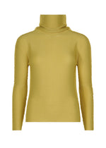 KNIT STRETCH PLEATS 1 by me ISSEY MIYAKE: a yellow ribbed long sleeve turtleneck sweater with a textured grid pattern and subtle knit stretch pleats, shown on a plain white background. - CREAM YELLOW （no.50）