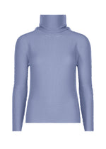 KNIT STRETCH PLEATS 1 by me ISSEY MIYAKE is a light blue, long sleeve high neck top featuring a ribbed, textured pattern and subtle stretch pleats, shown on a plain white background. - LAVENDER （no.73）