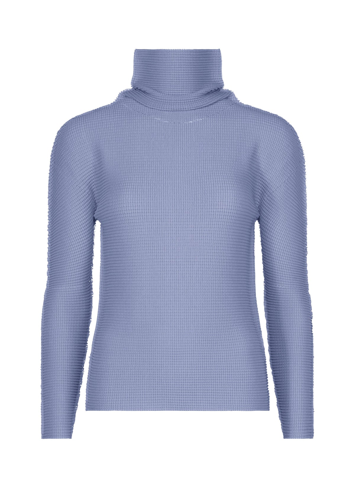 Zoomed view KNIT STRETCH PLEATS 1 by me ISSEY MIYAKE is a light blue, long sleeve high neck top featuring a ribbed, textured pattern and subtle stretch pleats, shown on a plain white background. - LAVENDER （no.73）