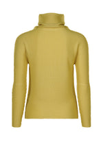 A back view of KNIT STRETCH PLEATS 1 by me ISSEY MIYAKE, a yellow long-sleeve high neck top with ribbed knit stretch pleats, shown against a white background.