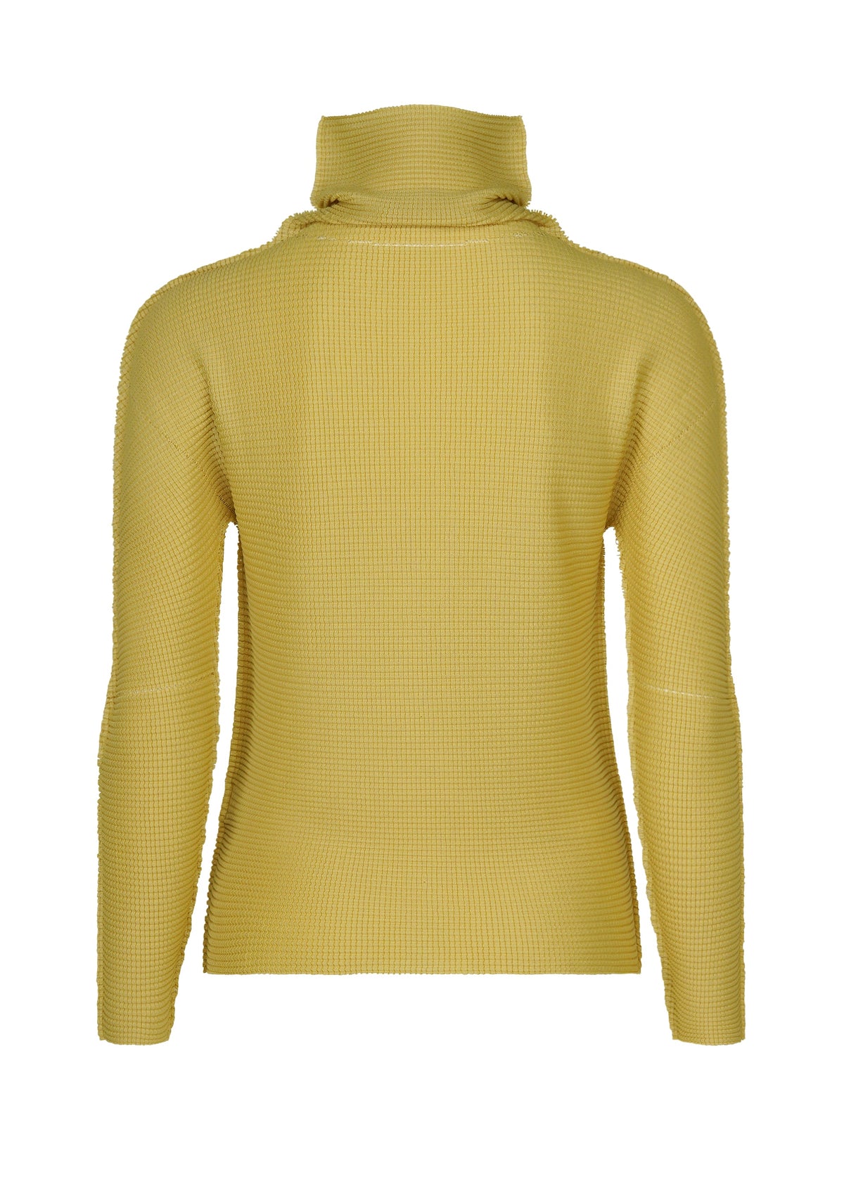 Zoomed view A back view of KNIT STRETCH PLEATS 1 by me ISSEY MIYAKE, a yellow long-sleeve high neck top with ribbed knit stretch pleats, shown against a white background.